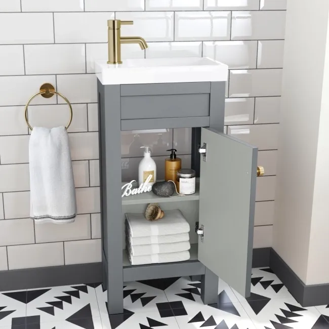 Bermuda Dove Grey Cloakroom Basin Vanity 400mm - Brushed Brass Accents
