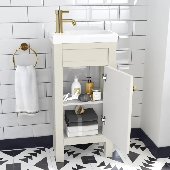 Bermuda Chalk White Cloakroom Basin Vanity 400mm - Brushed Brass Accents