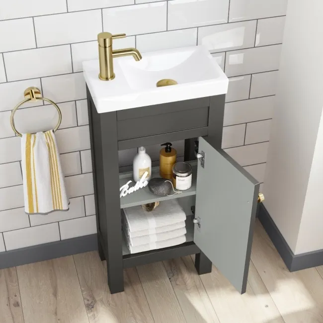 Bermuda Graphite Grey Cloakroom Basin Vanity 400mm - Brushed Brass Accents