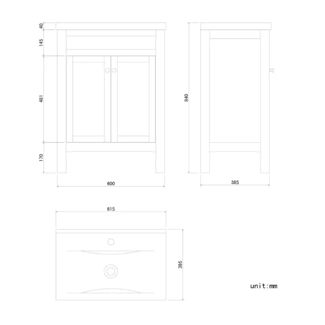 Bermuda Inky Blue Basin Vanity 600mm - Brushed Brass Accents