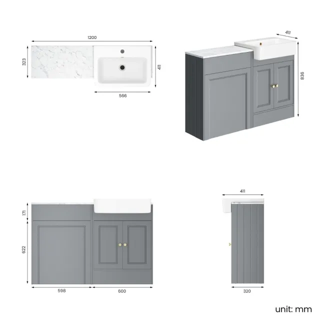 Monaco Dove Grey Combination Vanity Basin with Marble Top 1200mm (Excludes Pan & Cistern) - Brushed Brass Accents