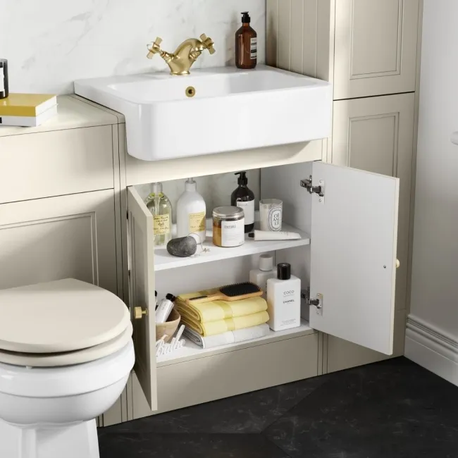 Monaco Chalk White Basin Vanity 600mm - Brushed Brass Accents