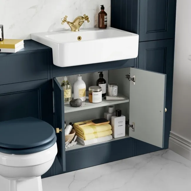 Monaco Inky Blue Basin Vanity 600mm - Brushed Brass Accents