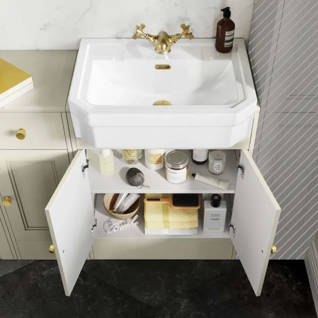 Monaco Chalk White Combination Vanity Traditional Basin and Hudson Toilet with Wooden Seat 1500mm - Brushed Brass Accents