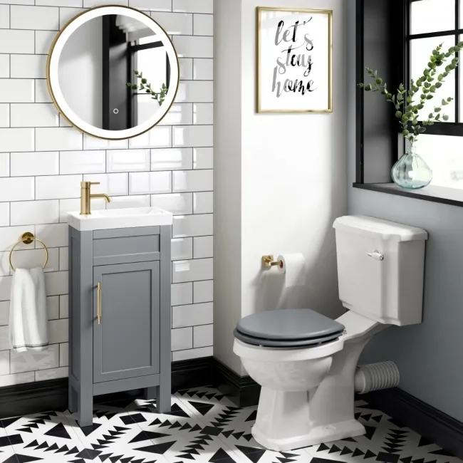 Bermuda Dove Grey Cloakroom Basin Vanity 400mm - Brass Knurled Handles