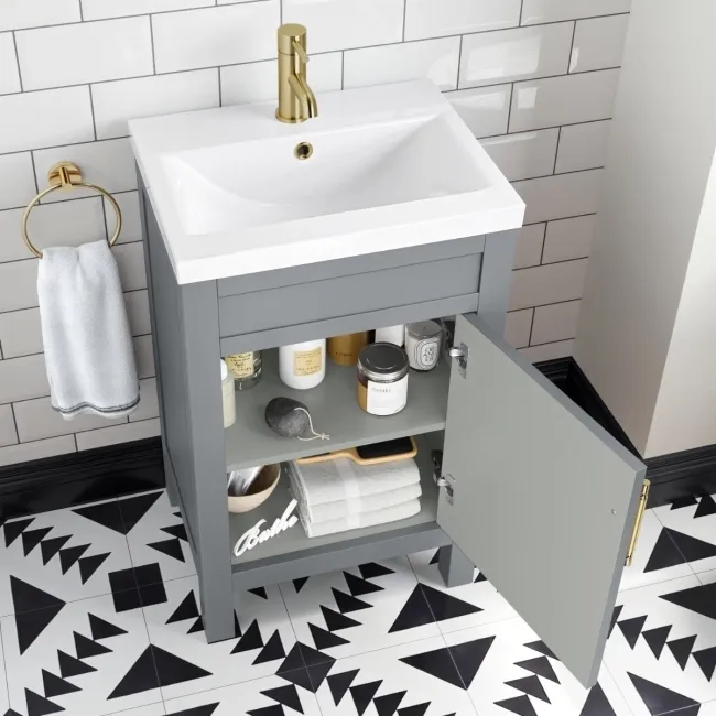 Bermuda Dove Grey Basin Vanity 500mm - Brass Knurled Handles