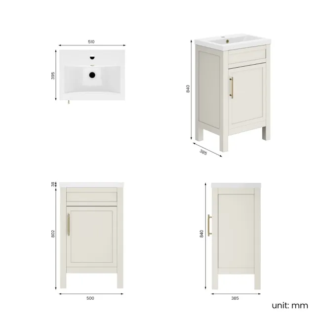 Bermuda Chalk White Basin Vanity 500mm - Brass Knurled Handles