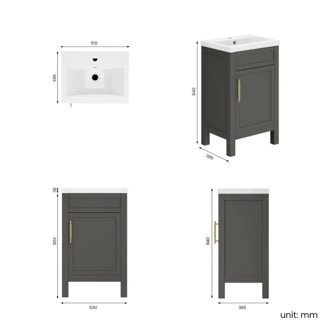 Bermuda Graphite Grey Basin Vanity 500mm - Brass Knurled Handles