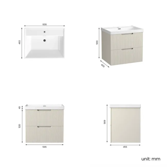 Crete Fluted Linen White Wall Hung Basin Drawer Vanity 600mm
