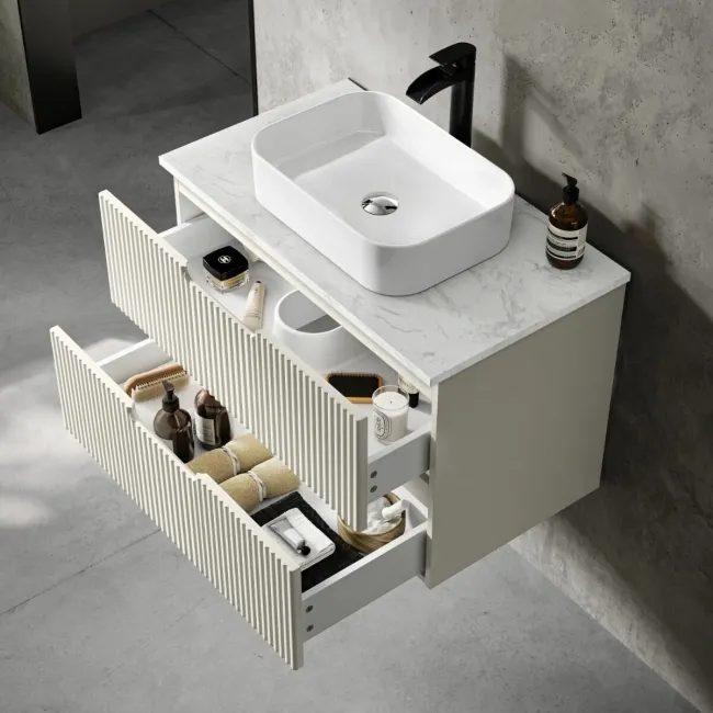 Crete Fluted Linen White Wall Hung Drawer Vanity with Marble Top & Marin Basin 800mm