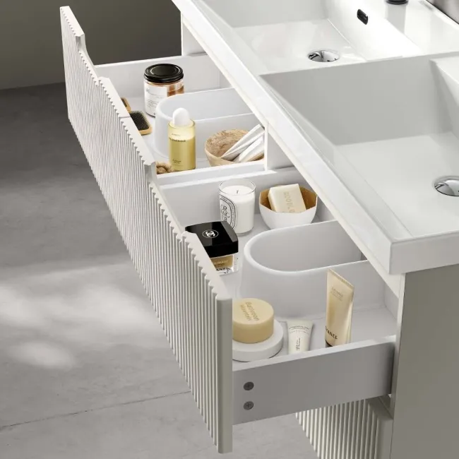 Crete Fluted Linen White Wall Hung Double Basin Drawer Vanity 1200mm