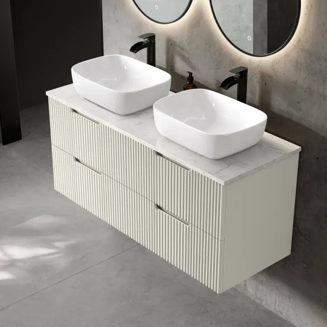 Crete Fluted Linen White Double Wall Hung Drawer Vanity with Marble Top & Curved Basin 1200mm