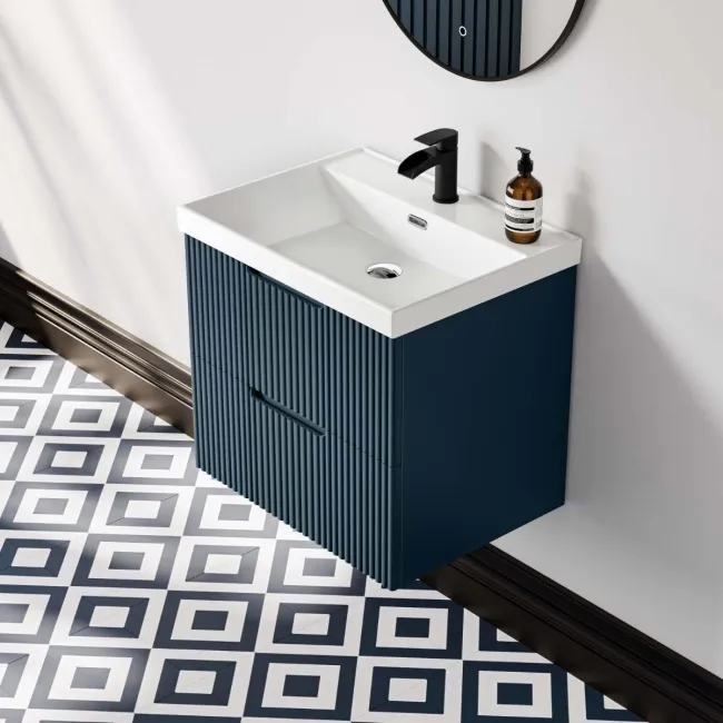 Crete Fluted Navy Blue Wall Hung Basin Drawer Vanity 600mm