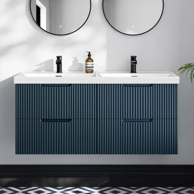 Crete Fluted Navy Blue Wall Hung Double Basin Drawer Vanity 1200mm
