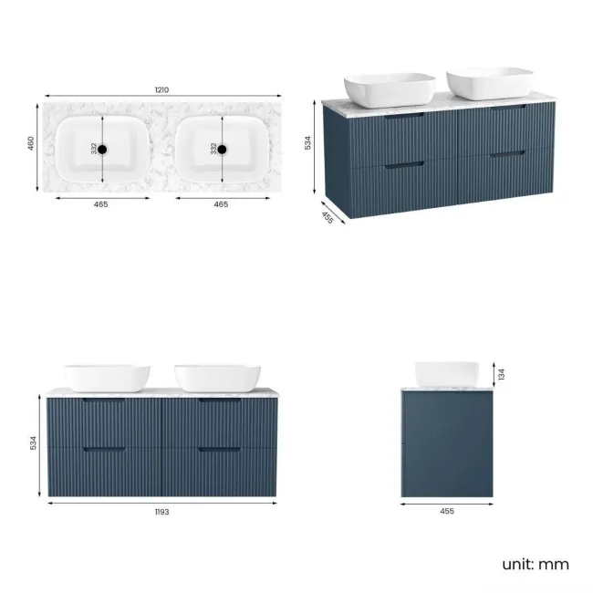 Crete Fluted Navy Blue Double Wall Hung Drawer Vanity with Marble Top & Curved Basin 1200mm
