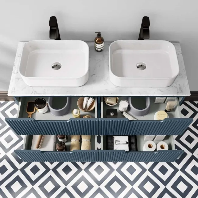 Crete Fluted Navy Blue Double Wall Hung Drawer Vanity with Marble Top & Marin Basin 1200mm