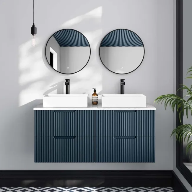Crete Fluted Navy Blue Double Wall Hung Drawer Vanity with Marble Top & Cody Basin 1200mm