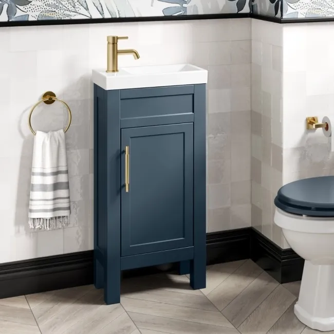 Bermuda Inky Blue Cloakroom Basin Vanity 400mm - Brass Knurled Handles