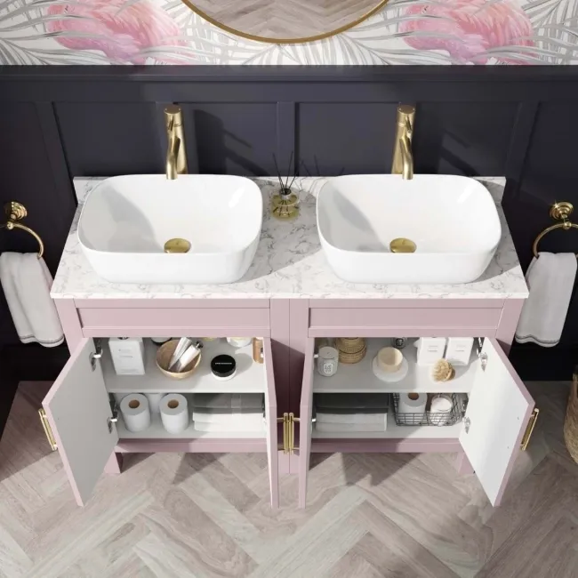 Bermuda Cashmere Pink Vanity with Marble Top & Curved Counter Top Basin 1200mm - Brass Knurled Handles