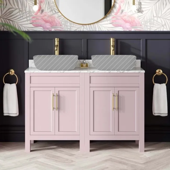 Bermuda Cashmere Pink Cabinet with Marble Top 1200mm (Excludes Counter Top Basin) - Brass Knurled Handles