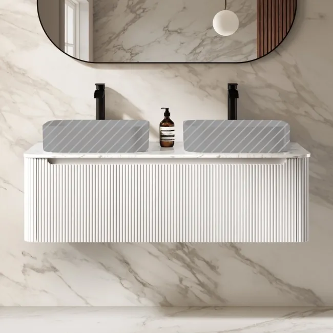 Sorrento Fluted Coastal White Double Wall Hung Drawer Vanity with Marble Top 1200mm - Excludes Counter Top Basin