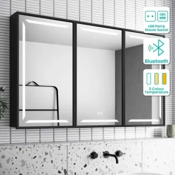 Mia Black Framed Illuminated LED Mirror Cabinet With BLUETOOTH Speaker & USB Port 710x1200mm