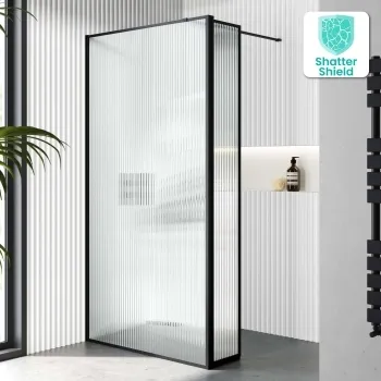 Munich Fluted Effect Matt Black Framed 8mm Wet Room Shower Glass 900mm & 250mm Pivotal Return Panel