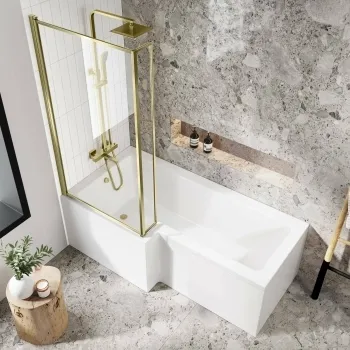 L Shaped 1700 Shower Bath with Front Panel & 6mm Easy Clean Brushed Brass Bath Screen - Left Handed