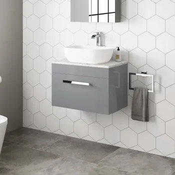 Avon Stone Grey Wall Hung Drawer Vanity with Marble Top & Curved Counter Top Basin 600mm