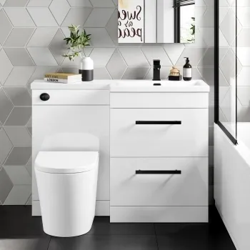 Avon Gloss White Combination Basin Drawer and Boston Toilet 1100mm - Black Accents - Right Handed