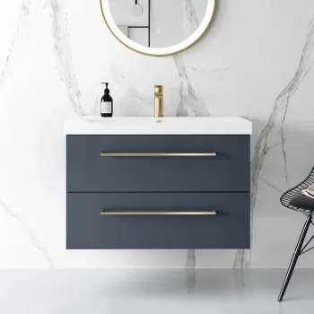 Elba Inky Blue Wall Hung Basin Drawer Vanity 800mm - Brushed Brass Accents