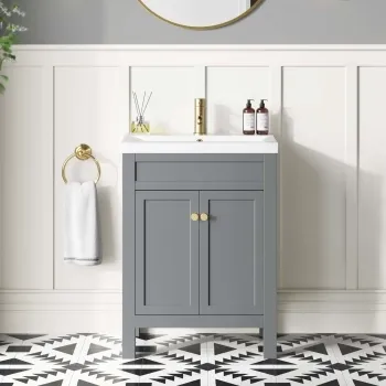 Bermuda Dove Grey Basin Vanity 600mm - Brushed Brass Accents