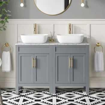 Bermuda Dove Grey Vanity with Marble Top & Curved Counter Top Basin 1200mm - Brass Knurled Handles