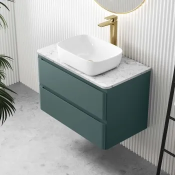 Corsica Midnight Green Wall Hung Drawer Vanity with Marble Top & Curved Counter Top Basin 800mm
