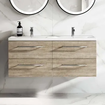Elba Dawn Oak Wall Hung Double Basin Drawer Vanity 1200mm