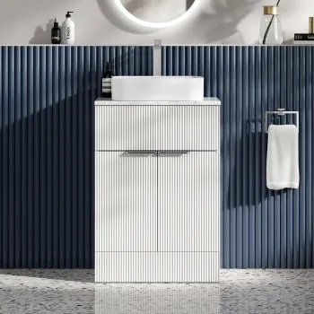 Havana Fluted Coastal White Cabinet with Marble Top & Marin Basin 600mm - Chrome Handles