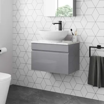 Trent Stone Grey Wall Hung Drawer Vanity with Marble Top & Oval Counter Top Basin 600mm