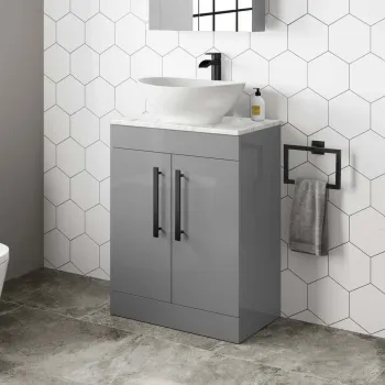 Avon Stone Grey Vanity with Marble Top & Oval Counter Top Basin 600mm - Black Accents