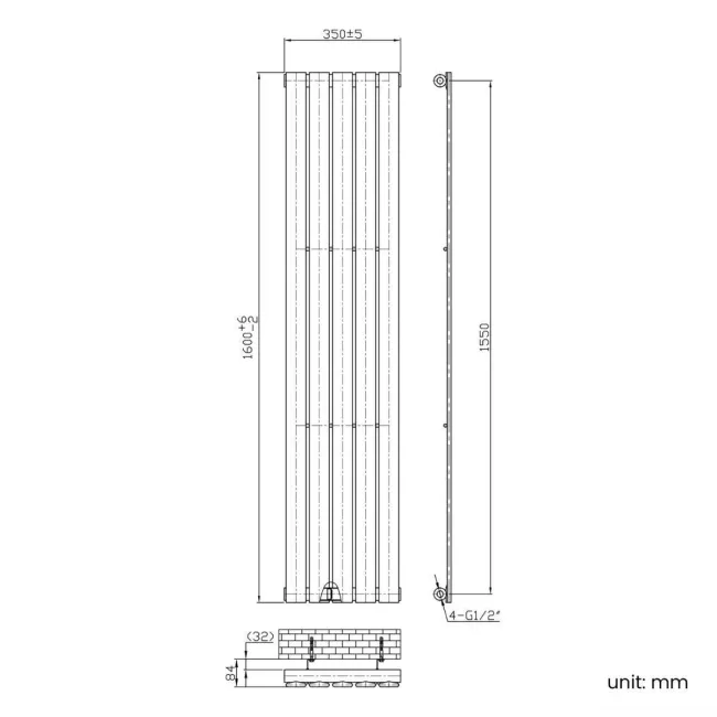 Faro Chrome Single Flat Panel Vertical Radiator 1600x350mm