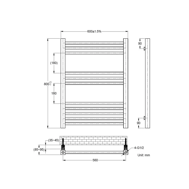 Valetta Matt Black Square Heated Towel Rail 800x600mm