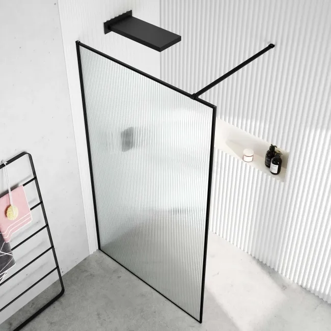 Munich Fluted Effect Matt Black Framed Easy Clean 8mm Wet Room Shower Glass Panel 1100mm