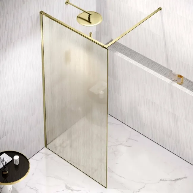 Lyon Brushed Brass 8mm Laminated Wet Room Shower Glass Panel with Gold Mesh Inlay 900mm