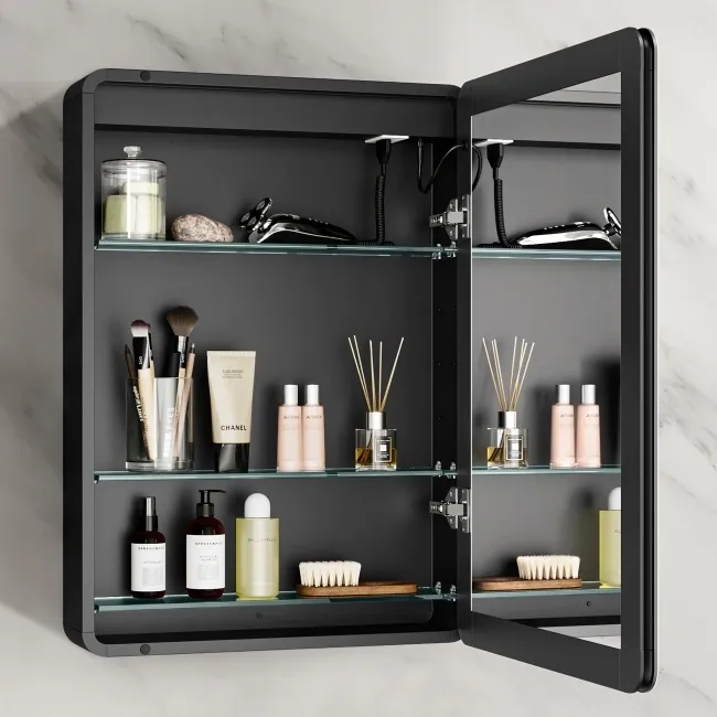 Aurora Matt Black Illuminated LED Mirror Cabinet With BLUETOOTH Speaker 700x500mm