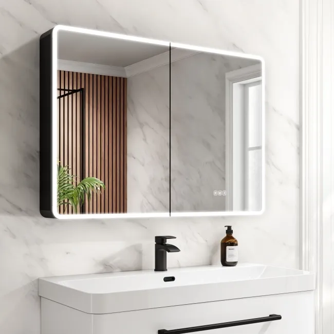 Aurora Matt Black Illuminated LED Mirror Cabinet With BLUETOOTH Speaker 700x1000mm