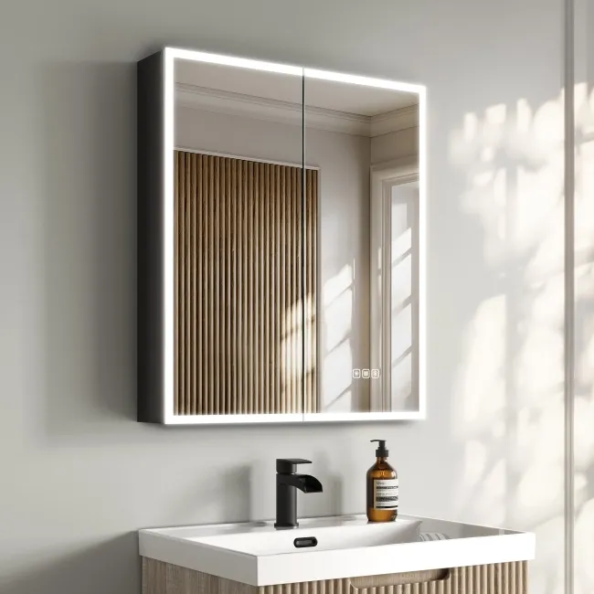 Esme Matt Black Illuminated LED Mirror Cabinet With BLUETOOTH Speaker 700x600mm