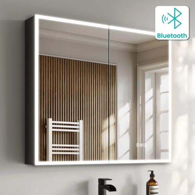 Esme Matt Black Illuminated LED Mirror Cabinet With BLUETOOTH Speaker 700x800mm