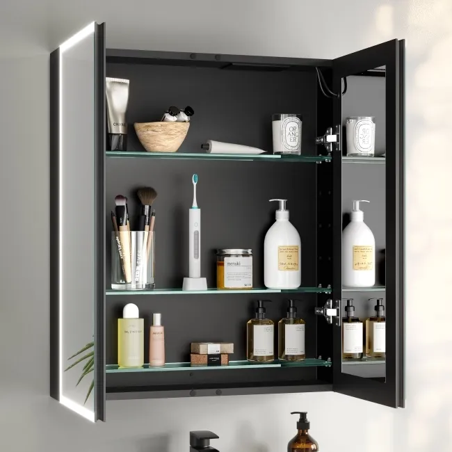 Esme Battery Operated Matt Black Illuminated LED Mirror Cabinet 700x600mm