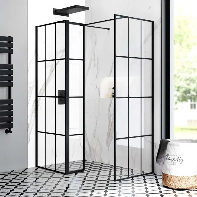 Munich Matt Black Grid 8mm Walk In Shower Enclosure 700mm & 800mm Glass with Pivotal Return Panel