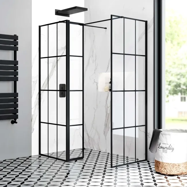 Munich Matt Black Grid 8mm Walk In Shower Enclosure 700mm & 800mm Glass with Pivotal Return Panel