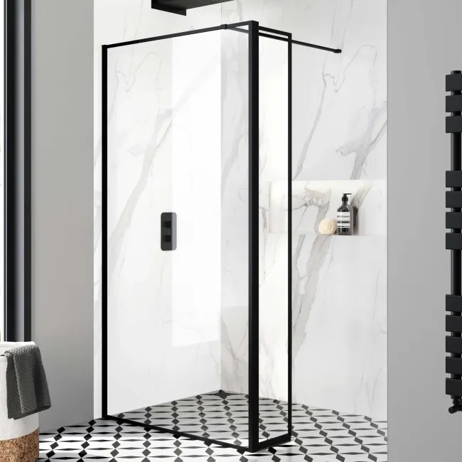 Munich Matt Black Framed 8mm Wet Room Shower Glass 900mm & 250mm Pivotal Return Panel